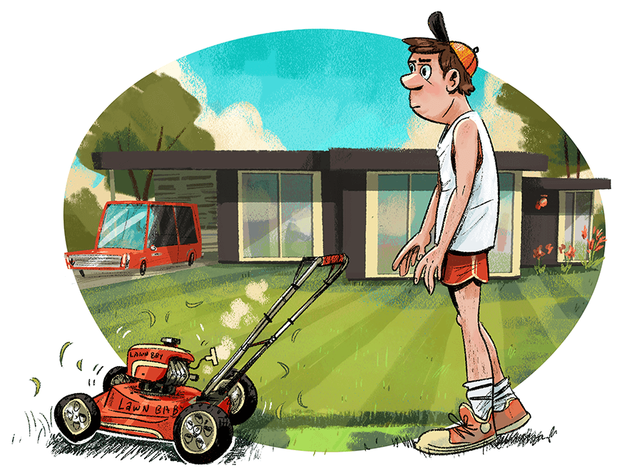 Illustration of man mowing the lawn