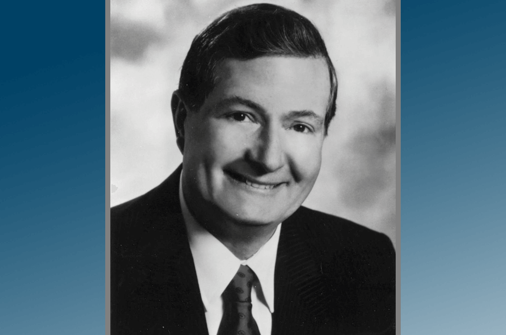 A black and white image of past Toastmasters International president Ian B. Edwards