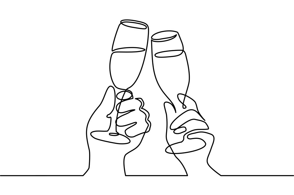 Drawing of two hands holding glasses for a toast