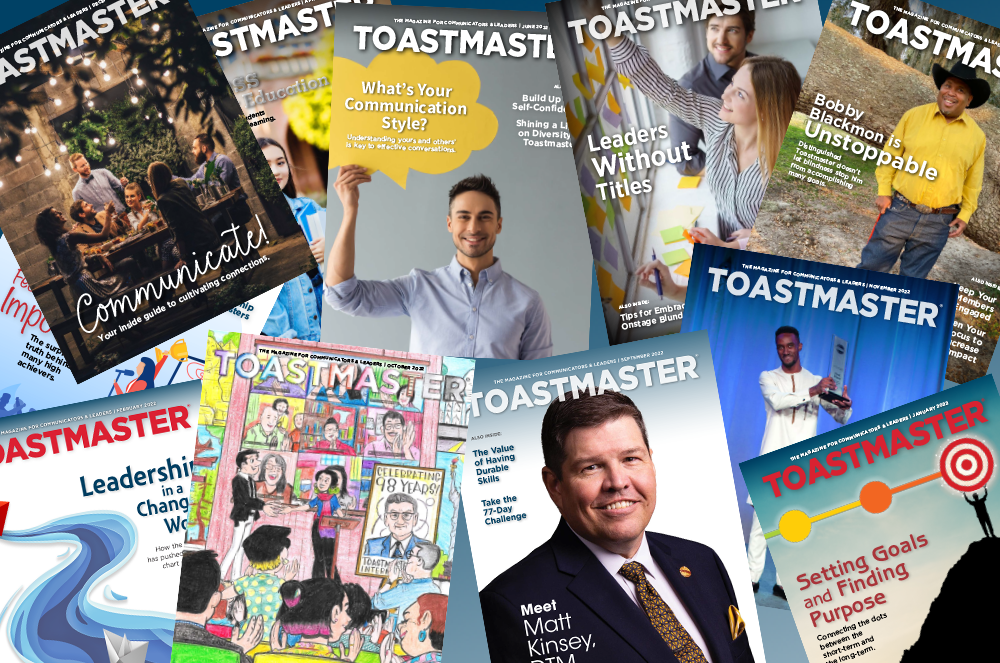 Multiple Toastmaster magazine covers from 2022