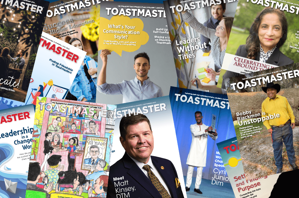 Multiple Toastmaster magazine covers from 2022
