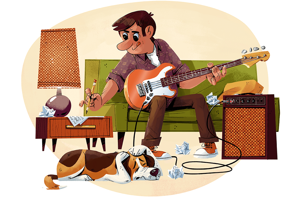 Illustration of man on couch playing guitar while dog covers its ears