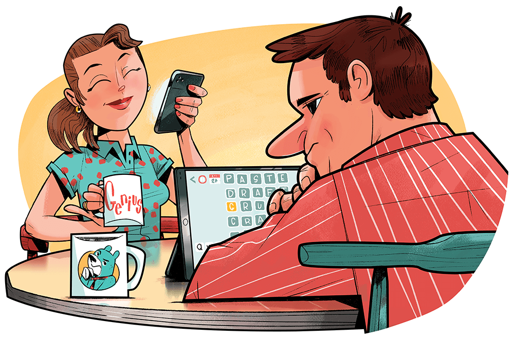 Illustration of man and wife playing games on electronics