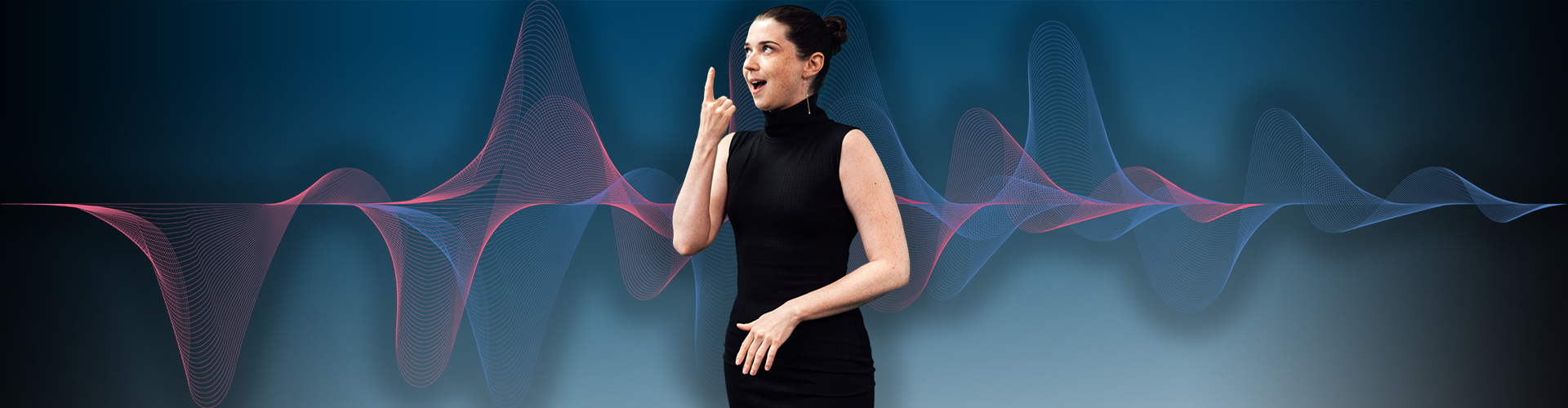 Woman in black dress with mouth open and finger pointed up with sound waves in the background