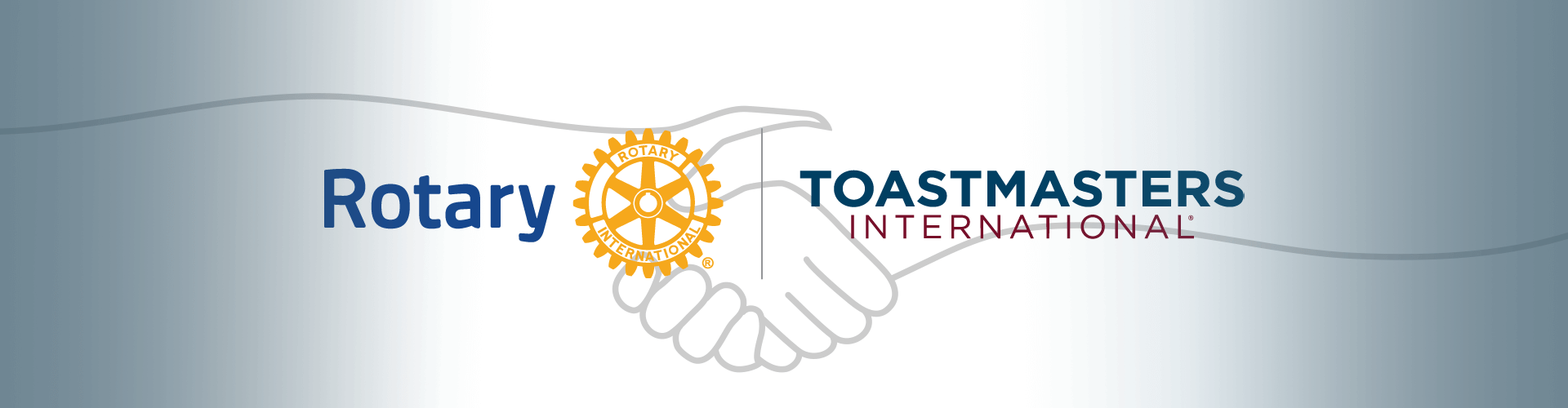 Two hands shaking with Rotary and Toastmasters logos on gradient background