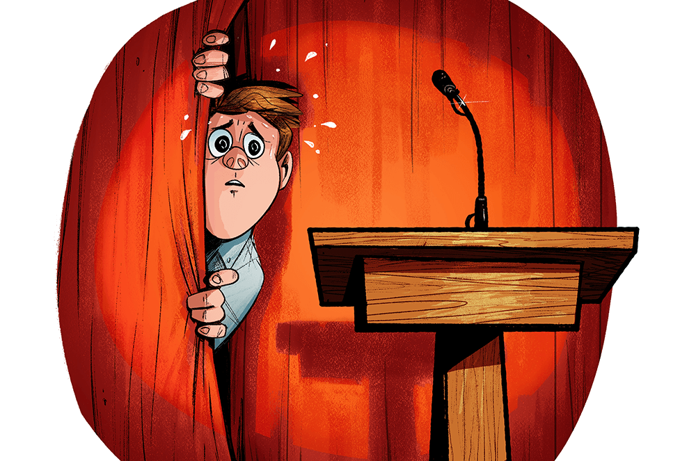 Illustration of man peeking out of curtain onstage with empty lectern