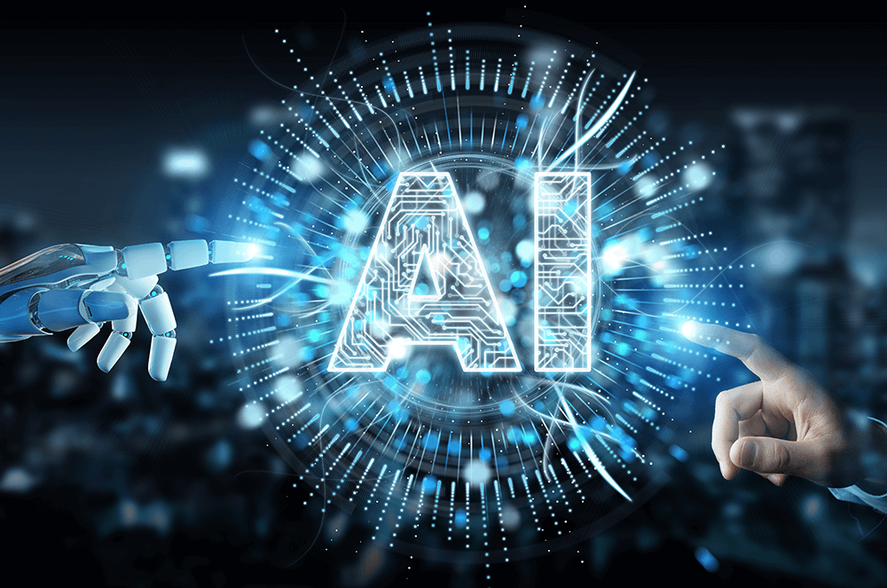 Human and robot hands reaching for letters AI surrounded by blue lights
