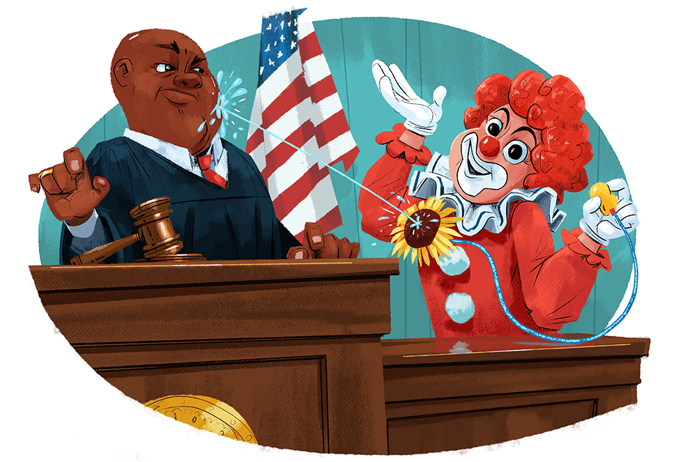 Illustrated cartoon judge with gavel being sprayed with water by clown