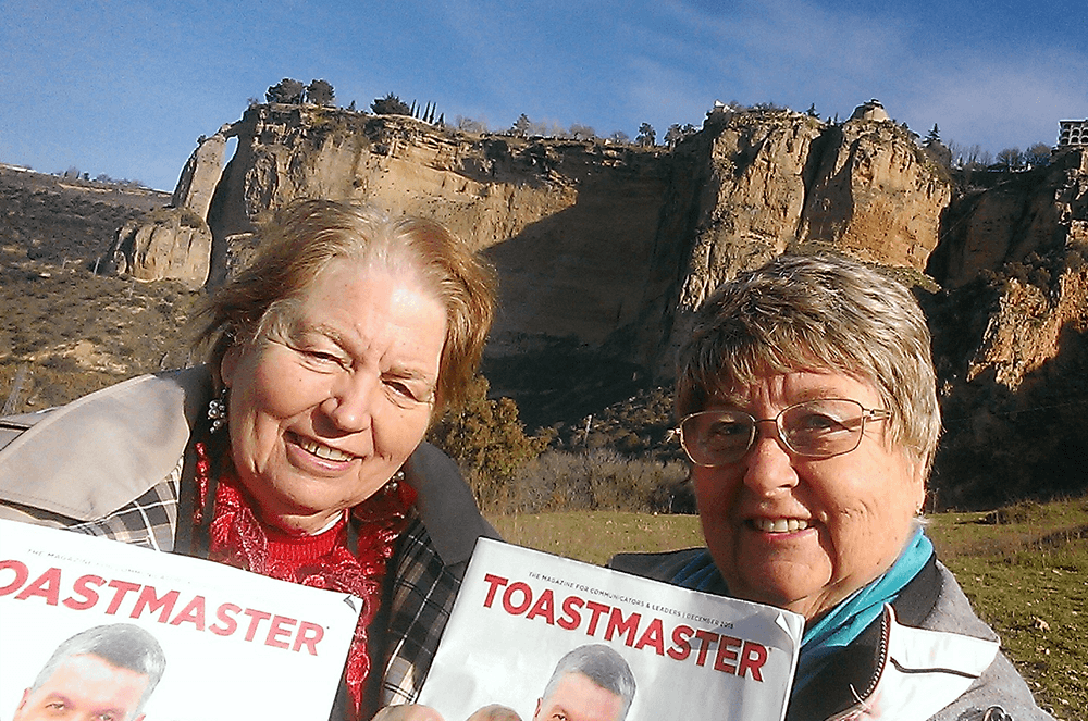 Susan Jahns, DTM (right), with Allene Lewis, DTM, both of Florence Toastmasters Club in Florence, Arizona, near Malaga, Spain.