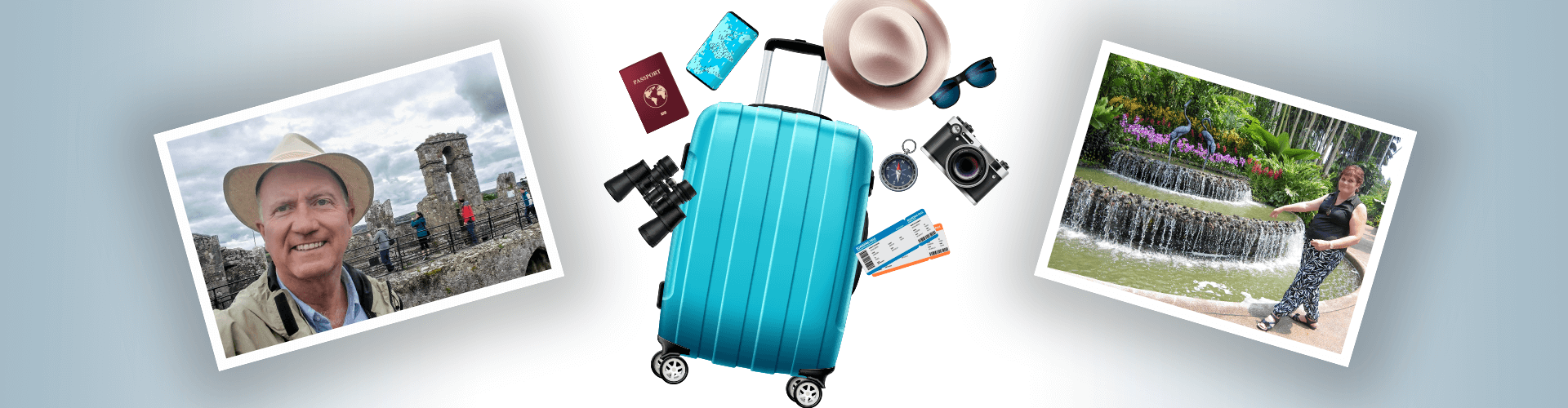 Teal suitcase, passport, hat, binoculars, boarding passes, compass, camera, sunglasses