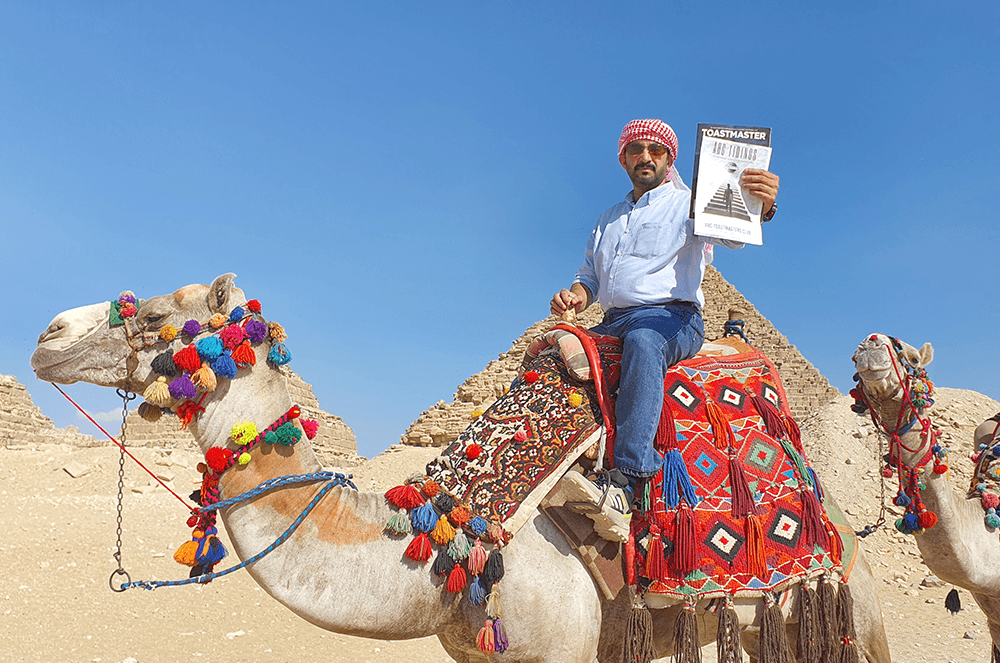 Man riding decorated camel near the pyramids of Egypt 