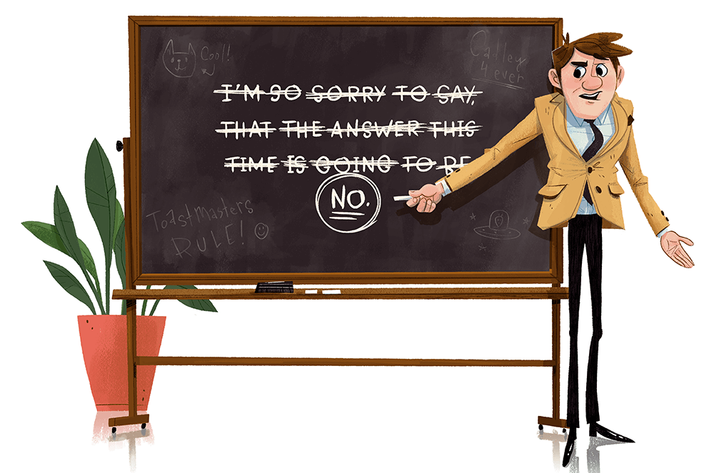 Illustration of man pointing to chalkboard with the word No circled
