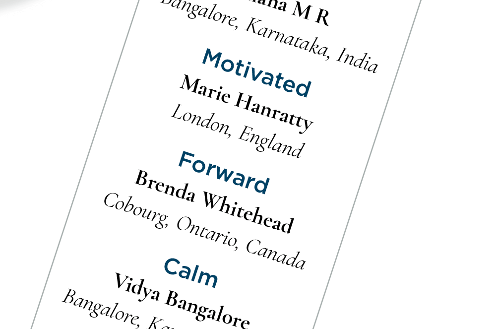 List of words with motivated, forward, and calm, along with names and locations