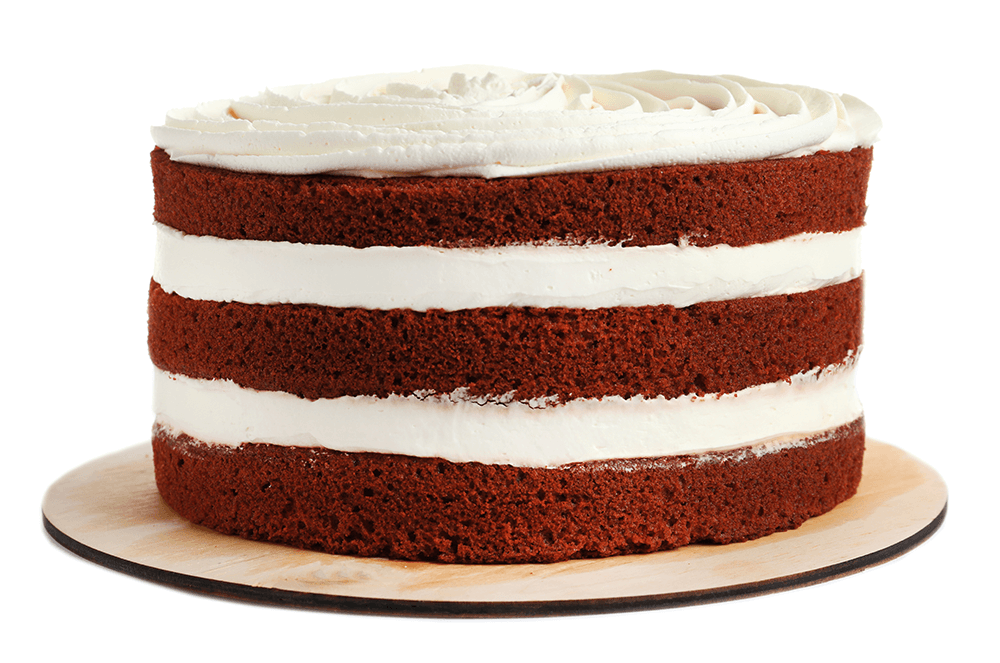 Red velvet cake with layers of white icing