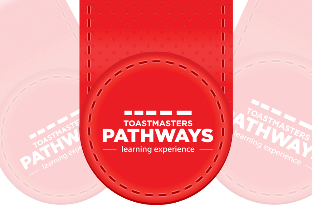 Red icon with phrase Toastmasters Pathways learning experience