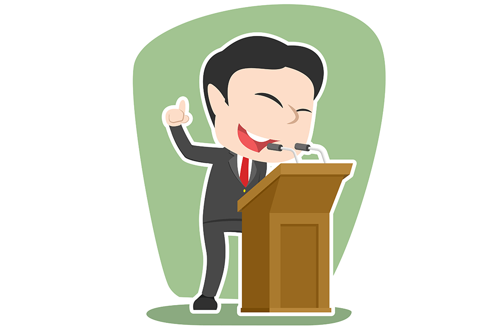 Cartoon man speaking into microphone at lectern