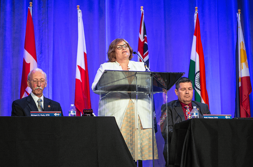 Toastmasters International President Morag Mathieson speaks at the Annual Business Meeting during the 2022 International Convention in Nashville, Tennessee.