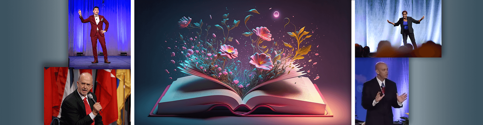 Whimsical scene of flowers coming out of open book