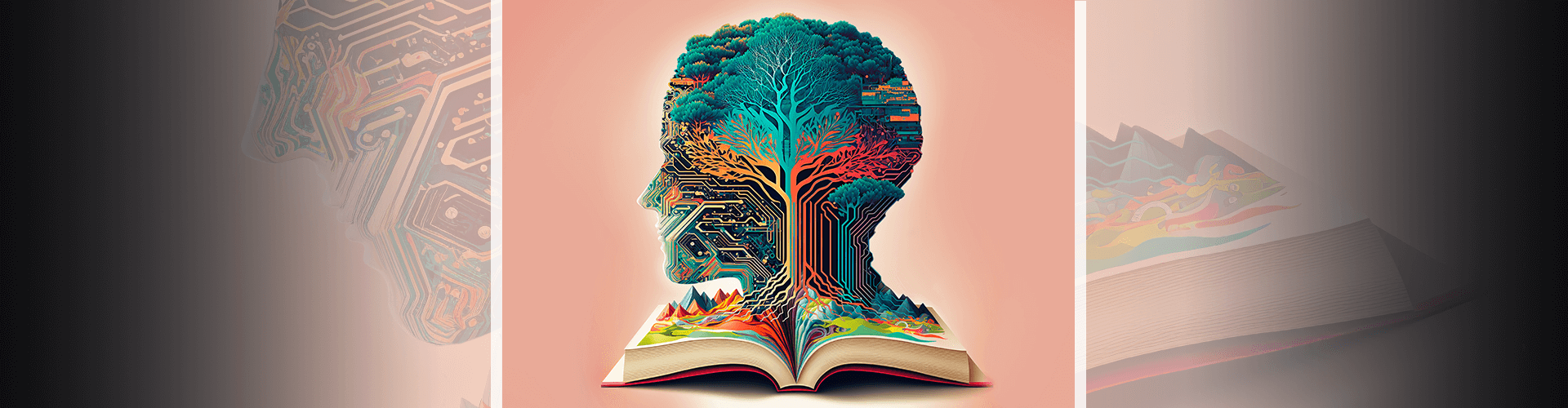Illustration of human head filled with tree design coming out of an open book