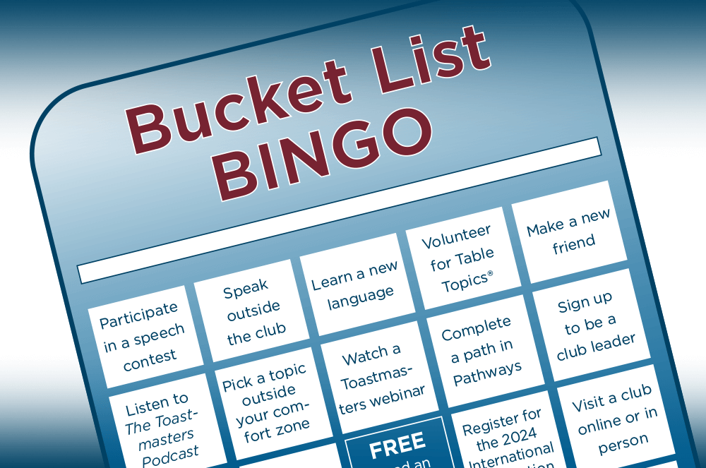 Blue bingo card with Toastmasters International bucket list items