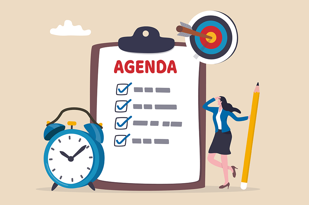Cartoon woman with pencil, clock, and meeting agenda on clipboard