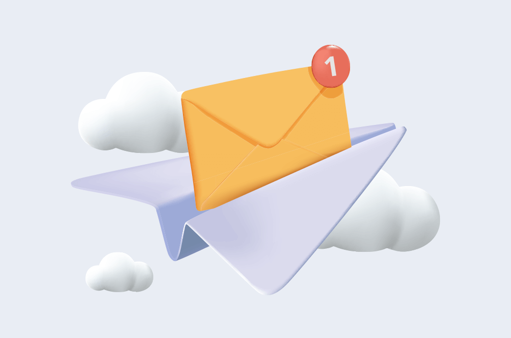 Yellow envelope flying on paper airplane in clouds