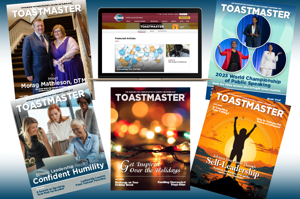 Toastmaster magazine covers and online landing page