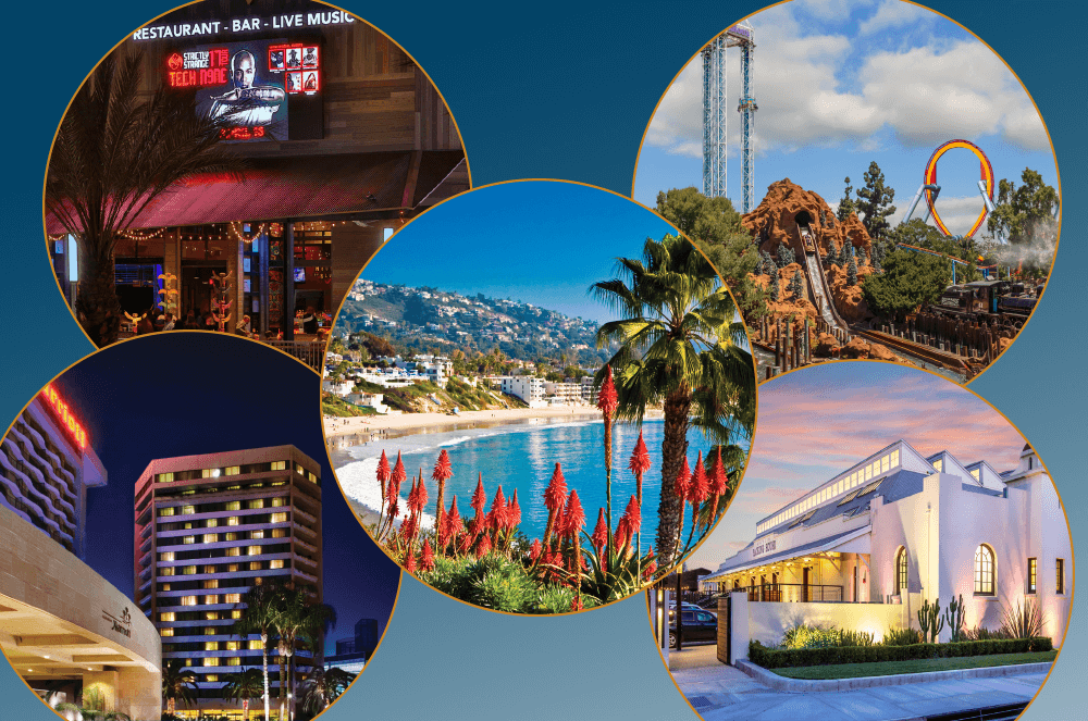 Collage of five circles with images of popular Southern California destinations 