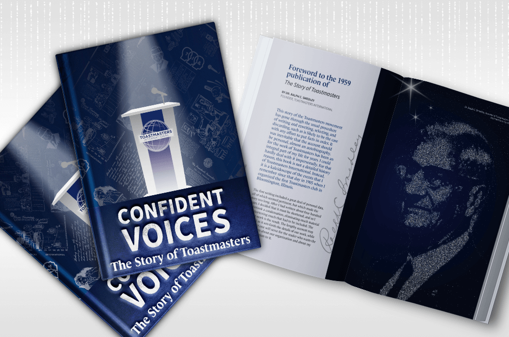 Blue book cover of Confident Voices with inside page showing Dr. Ralph C. Smedley