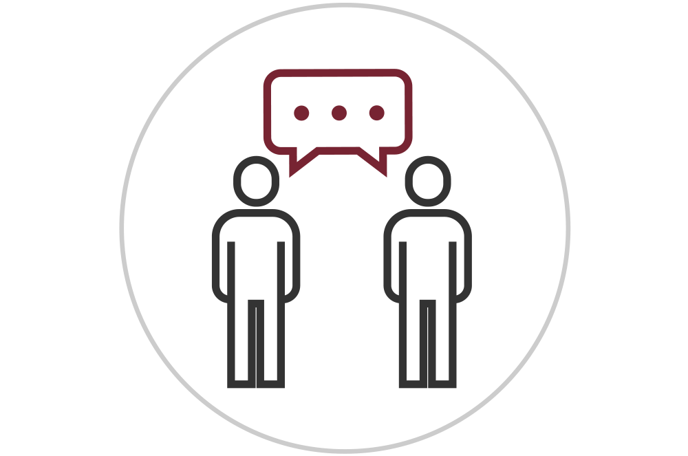 Mentorship icon with two people outlined and chat bubble