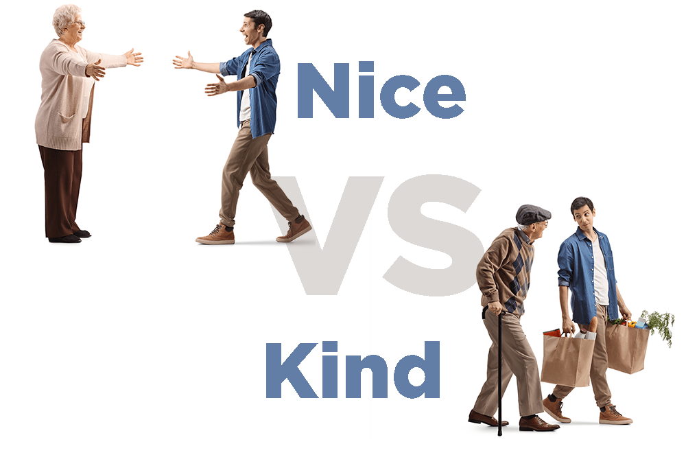 Young man reaching out to hug older woman and helping older man carry groceries with nice vs kind written in background