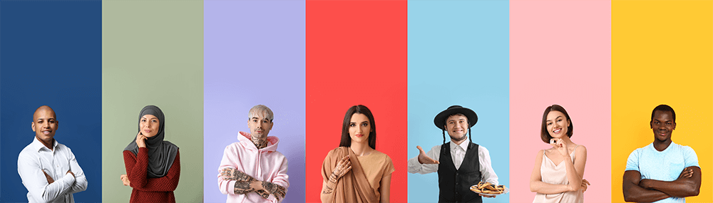 Seven people of different ethnicities and cultures posing against multi-colored background