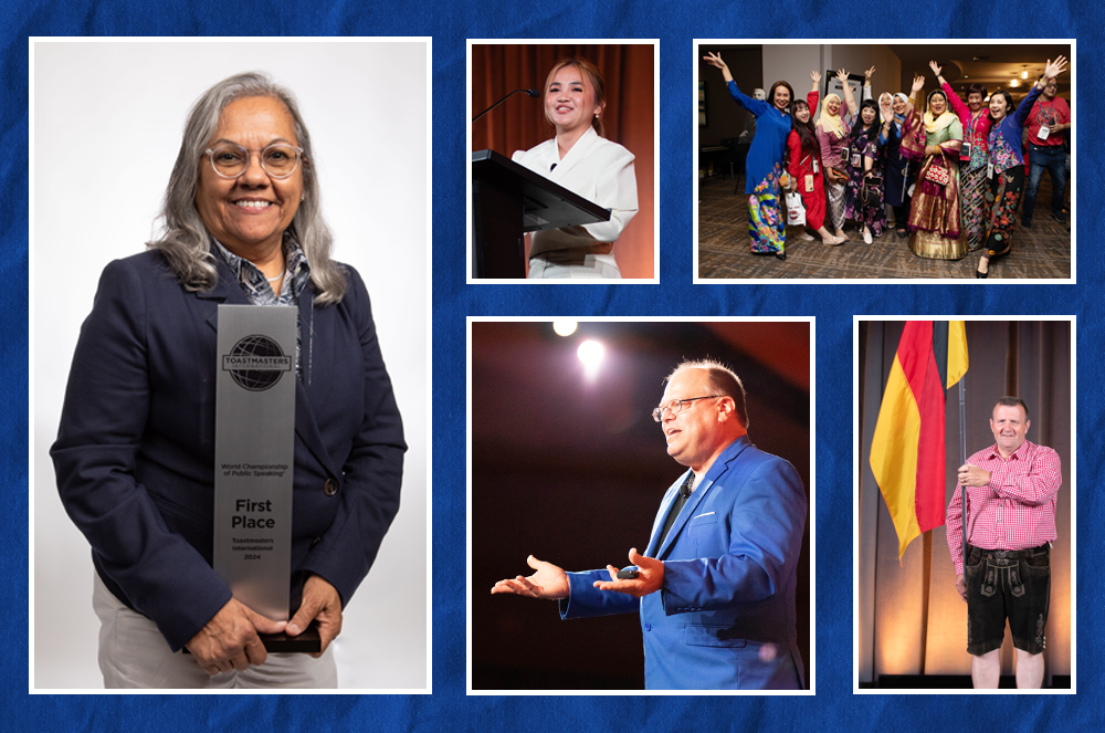 Multiple images of speakers and convention attendees onstage