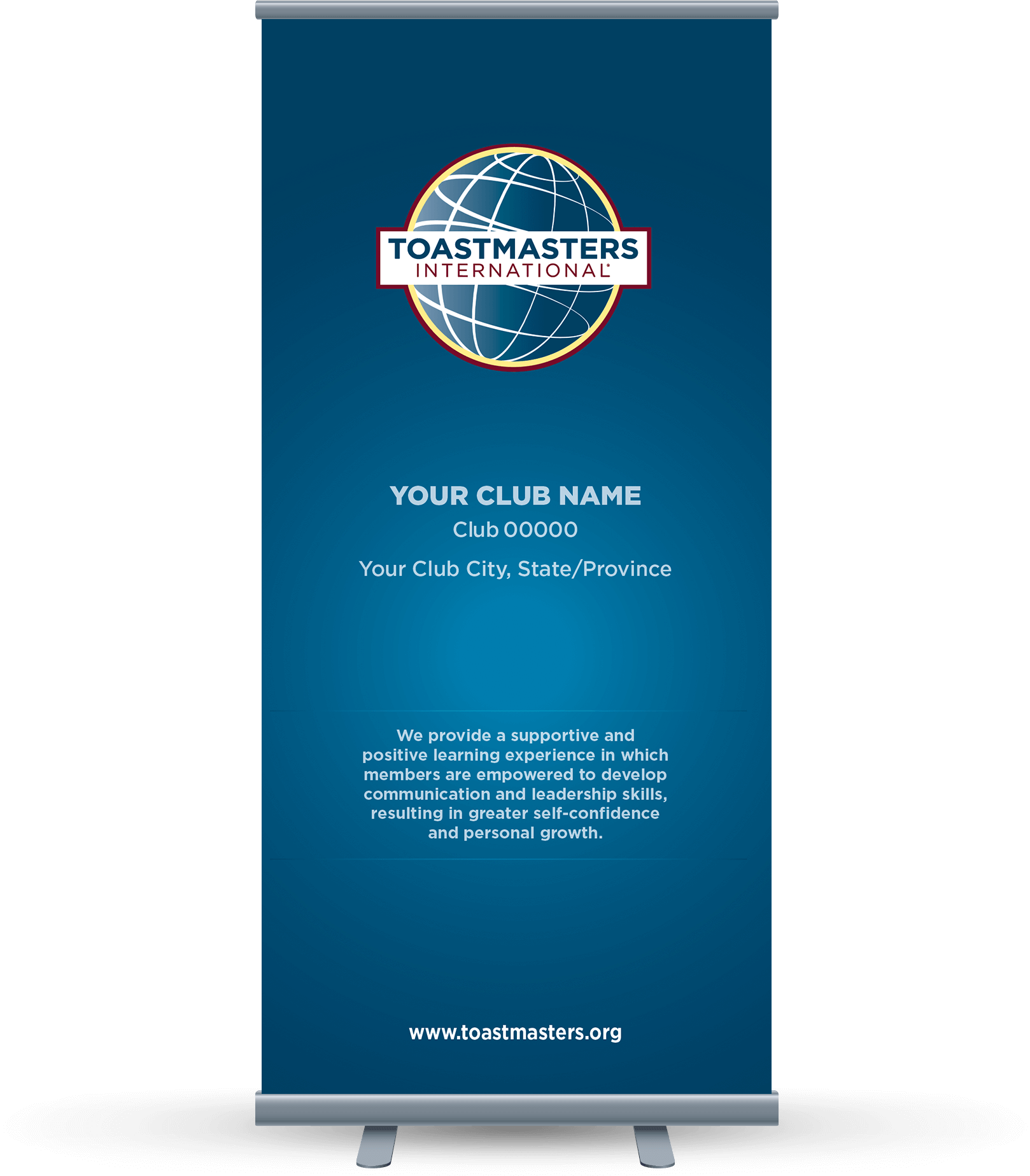 Custom Club Banner featuring navy blue background, club logo and club mission statement