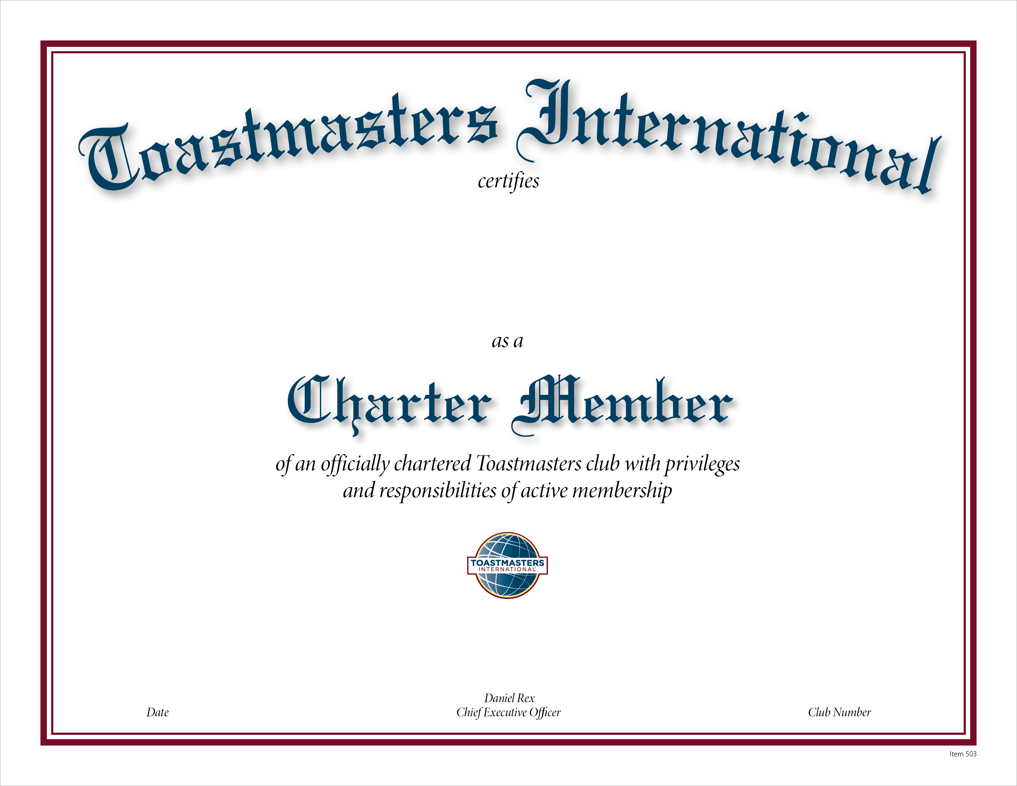 Club Charter Member Certificate