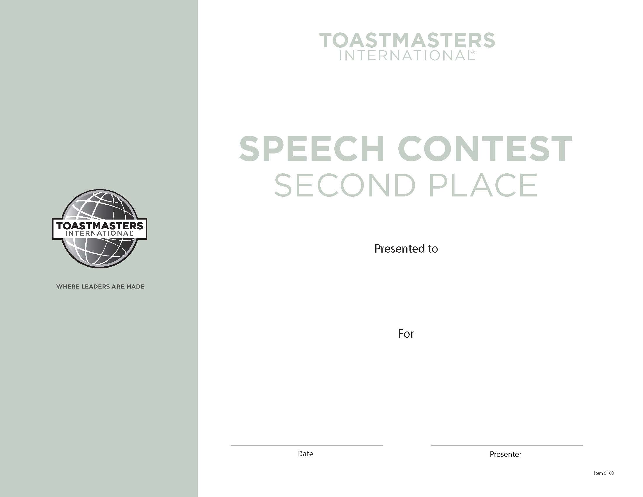 Speech Contest Certificate 2nd Place