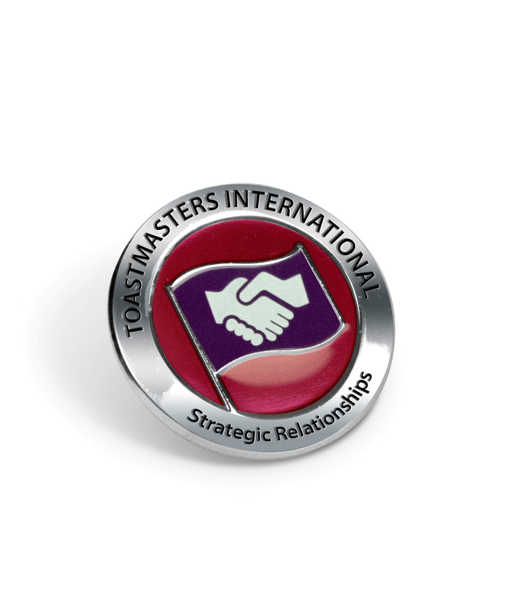 Polished silver pin with Toastmasters International and Strategic Relationships engraved on outside ring - features Strategic Relationship path logo in center