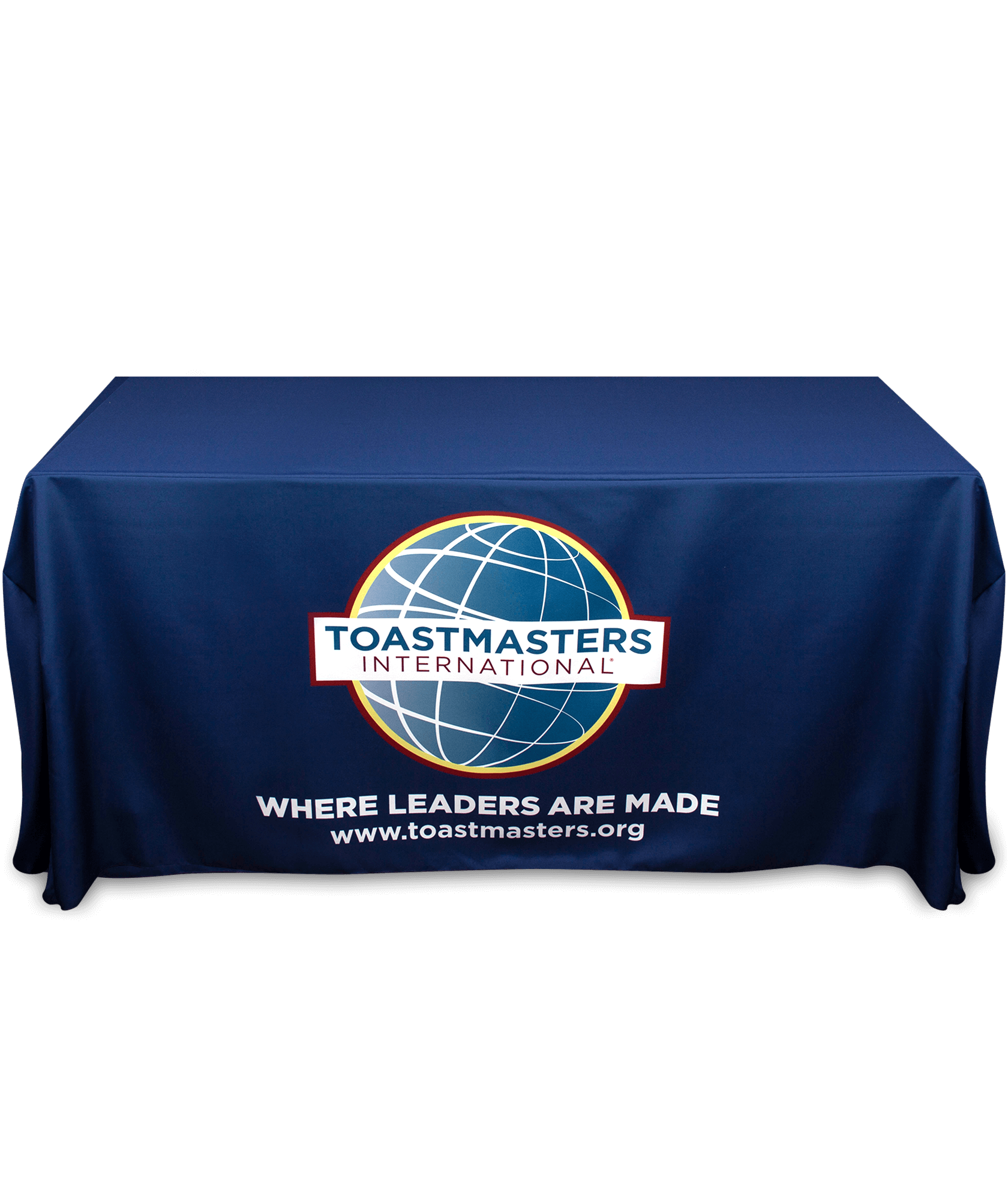 Navy tablecloth with Toastmasters full-color logo, tagline and website