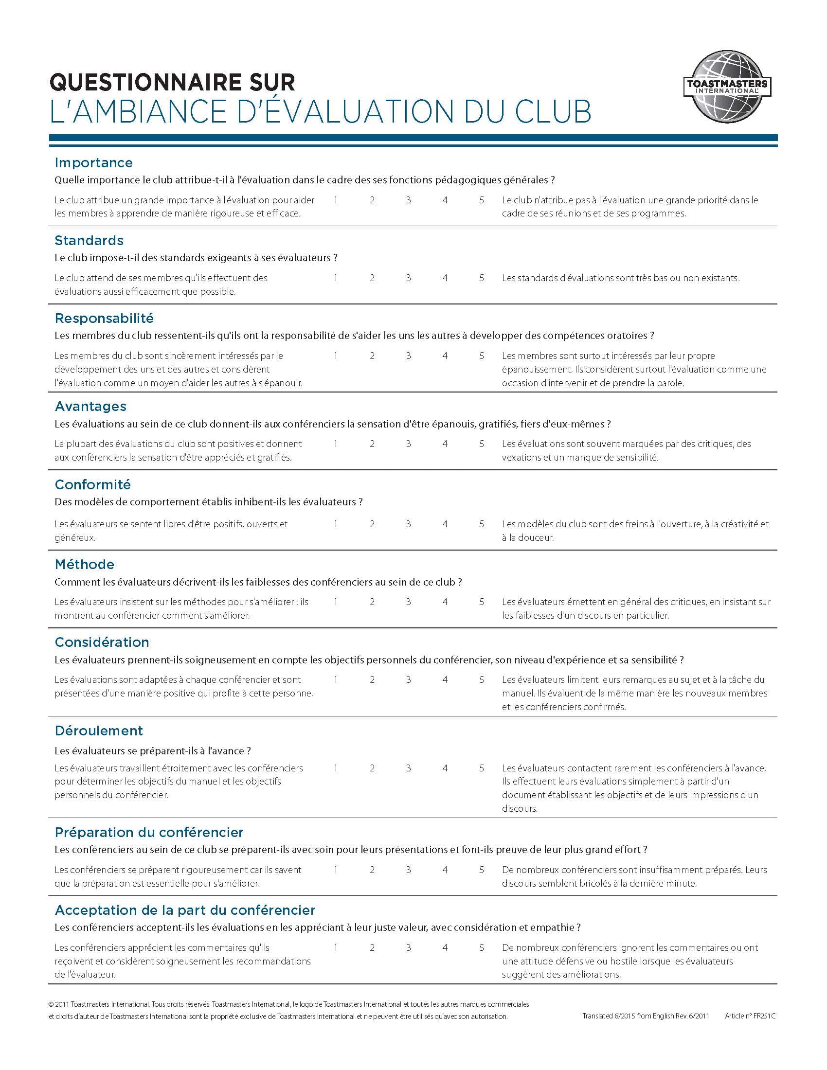 Club Climate Questionnaire (French)