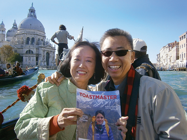Cynthia Chan, CC, and Jimmy Chan, CC, CL, from Cerritos, California, ride a ­gondola while on vacation in Venice, Italy.