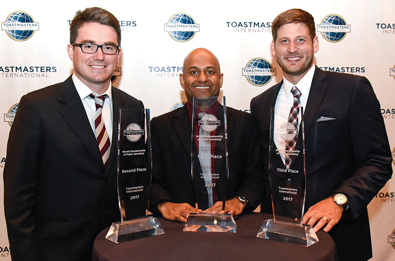 The top three winners in the World Championship of Public Speaking: (from left) Simon Bucknall, Manoj Vasudevan and Kevin Stamper.