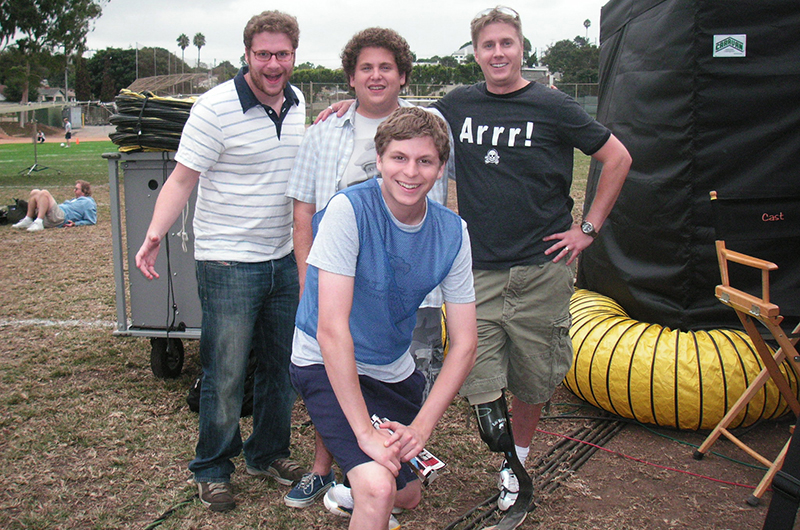 John Mabry (far right), poses on the set of Superbad with fellow actors.