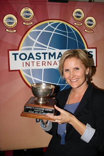 Verity Price, ACB, holds her trophy after winning first place in the District 74 Evaluation Contest. Price is the sponsor and mentor of the ToastTED club in Cape Town, South Africa.