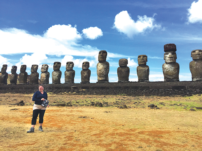 Anna Kaufman, DTM, from Auburndale, Massachusetts, visits Easter Island, Chile, where monumental figures called Moai remain from centuries ago.