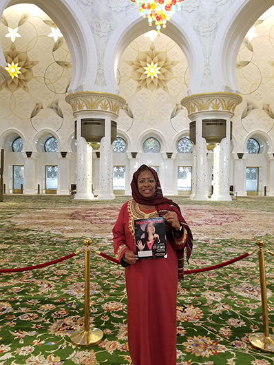 Nancy Ford, ACB, ALB, from Sanford, Florida, visits the Grand Mosque in Abu Dhabi, United Arab Emirates.