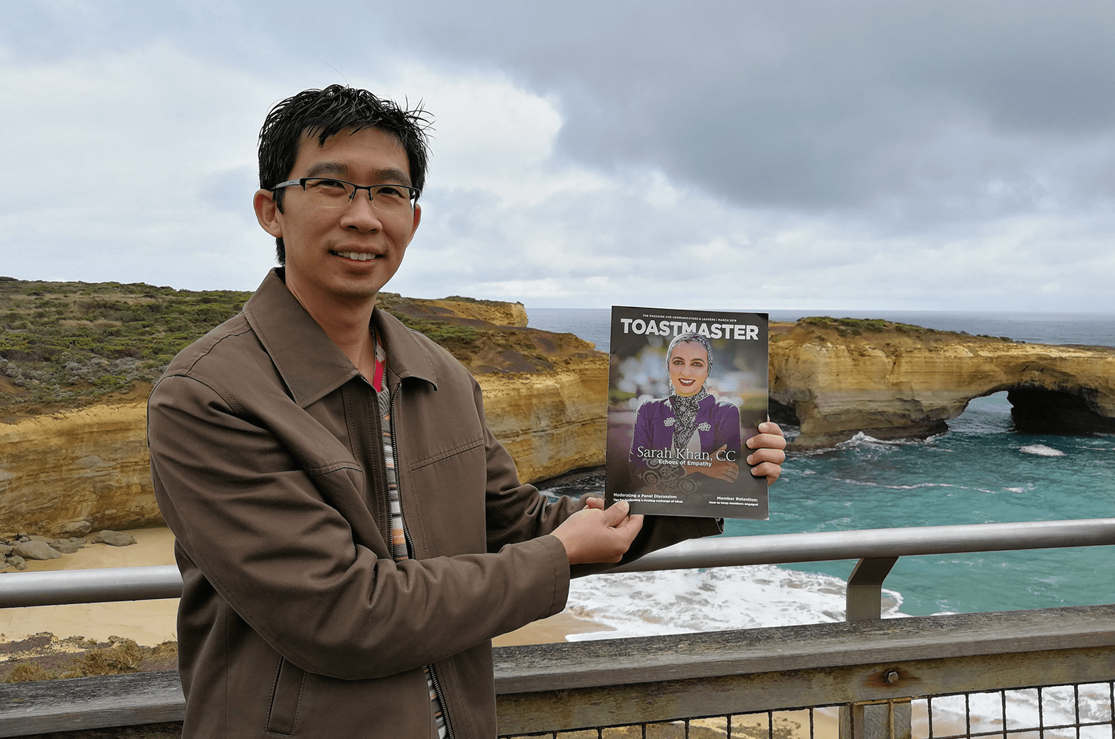 Goh Chee Yong, ACB, of Petaling Jaya, Selangor, Malaysia, at the London Bridge rock formation in Victoria, Melbourne, Australia.