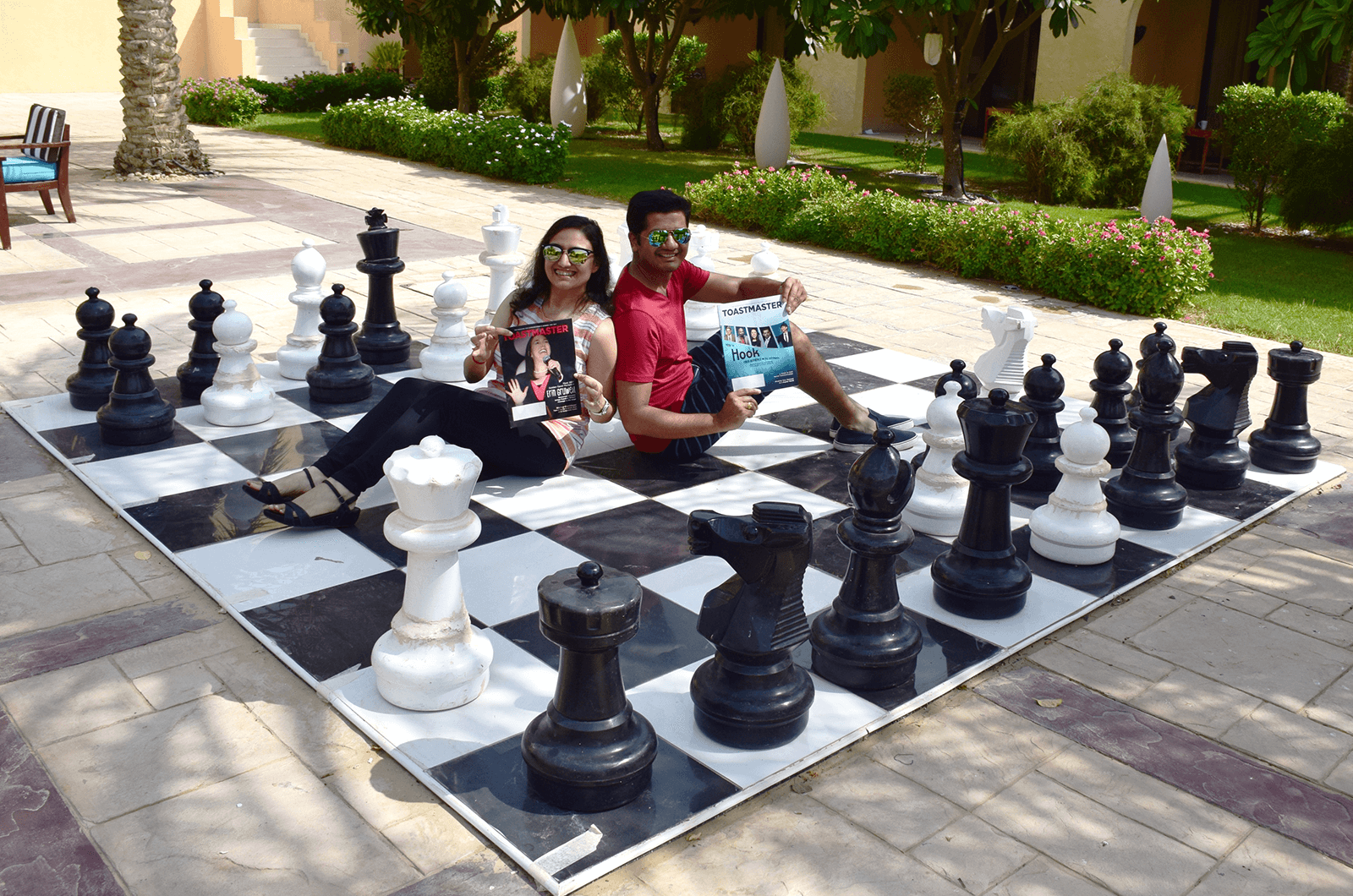 Harshal Borse, left, and Yogeshwar Kumbhar of Dubai, United Arab Emirates, enjoy a friendly game of chess at Dubai’s Tilal Liwa Desert Hotel.
