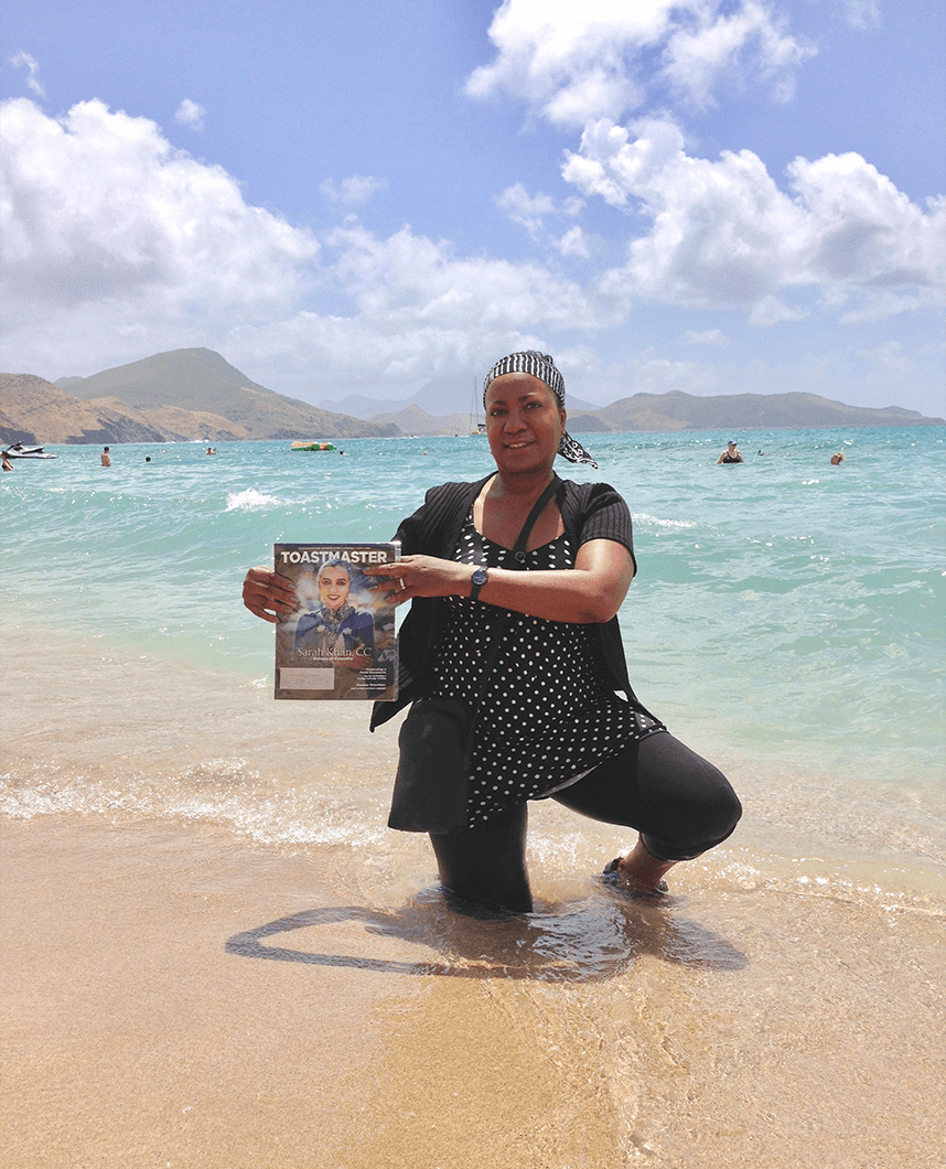 Sheila Umbaji Futch, ACG, ALB, from Moreno Valley, California, enjoys the warm waters at South Friars Beach, St. Kitts, a dual-island nation in the West Indies.