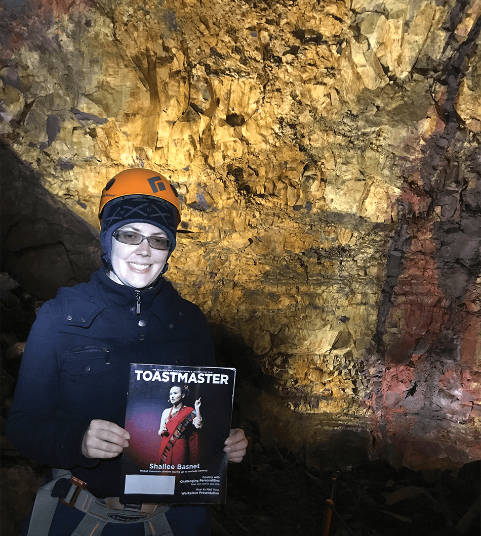 Felicia Ketcheson, ACS,
ALB, of London, Ontario, Canada, explores the 700-foot-deep magma chamber of dormant Thrihnukagigur Volcano near Reykjavik, Iceland.