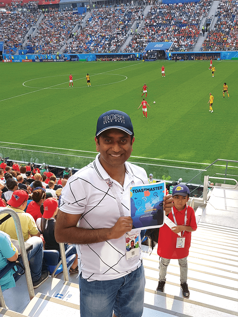 Satish Kumar, DTM, of Safat, Kuwait, at the third-place match between England and Belgium during the 2018 FIFA World Cup at Krestovsky Stadium, St. Petersburg, Russia.